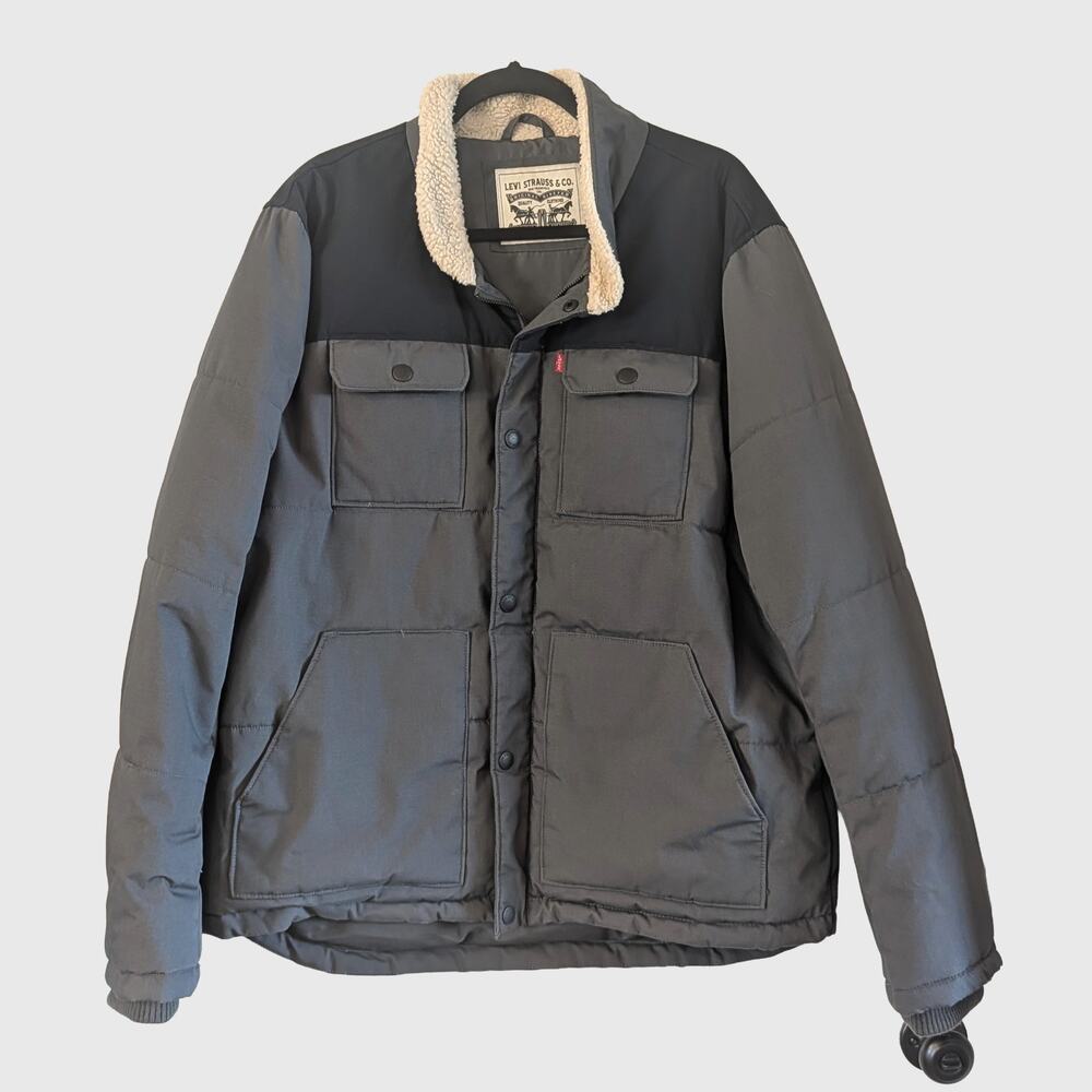 Levi's Woodsman Puffer Trucker Jacket XL Gray Navy Sherpa Collar Insulated Coat